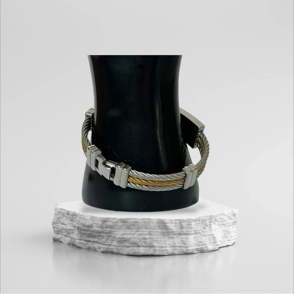 Gold Silver Stainless Steel Cable Wire Cross ID Men's Bracelet‎ 7.5